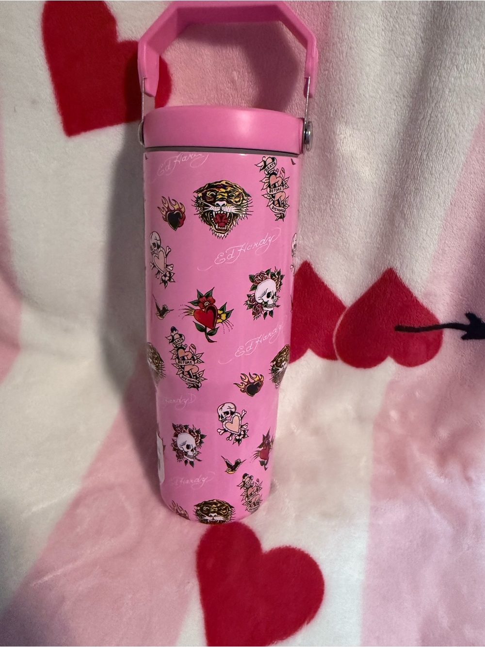 NWT Ed Hardy Flip Top Pink Tattoo Skull Stainless Steel 30 Oz. Drink Tumbler